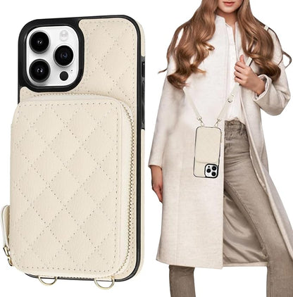 Bocasal Crossbody Wallet Case for iPhone 13 Pro Max, RFID Blocking PU Leather Zipper Handbag Purse Flip Cover, Kickstand Folio Case with Card Slots Holder Wrist Strap Lanyard 5G 6.7 Inch (Beige)