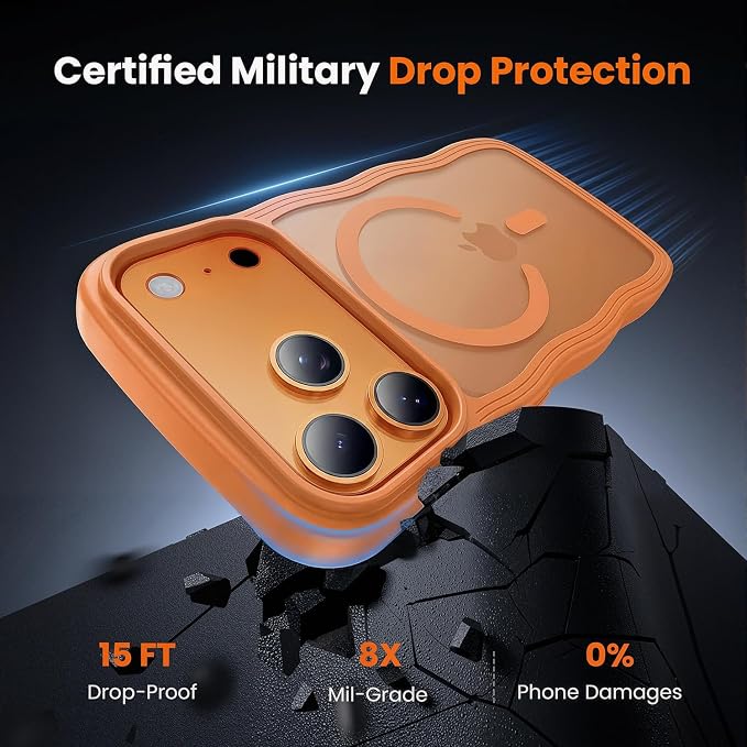 for iPhone 17 Pro Case Cute Orange,Fits MagSafe,Matte Skin Feeling Back,Curly Wave Edge,Slim & Durable & Stylish,Cover Military-Grade Protection