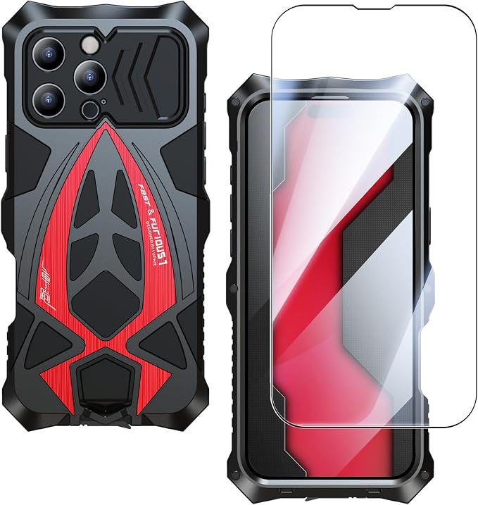 Armor Phone Case for iPhone 16 Pro Max Military Grade Cover 360 Full Protection Heavy Duty Hybrid Metal Bumper Built-in Silicone Shockproof with Screen Protector - Black + Red