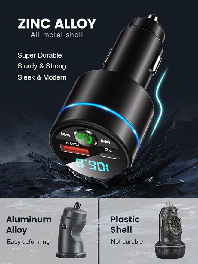 FM Transmitter for Car Bluetooth 5.3, [All-Metal] PD 30W & QC3.0 18W Fast Car Charger, Wireless FM Radio Kit Bluetooth Car Adapter, Noise Cancelling Hands-Free Call, Blue Light - Black