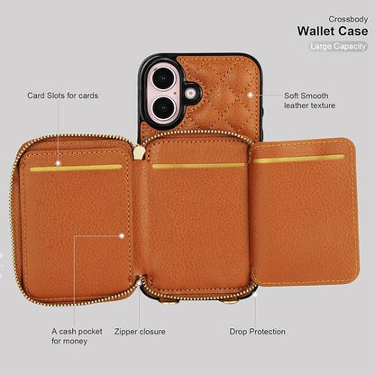 Bocasal Crossbody Wallet Case for iPhone 16, RFID Blocking PU Leather Zipper Handbag Purse Flip Cover, Kickstand Folio Case with Card Slots Holder Wrist Strap Lanyard 5G 6.1 Inch (Brown)