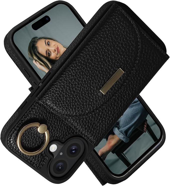 Keallce Wallet Case for iPhone 16 Plus 6.7'', Flip Case with Card Slots, Ring Holder Kickstand, PU Leather Protective Folio Cover for Women, Black