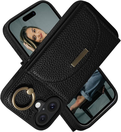 Keallce Wallet Case for iPhone 16 Plus 6.7'', Flip Case with Card Slots, Ring Holder Kickstand, PU Leather Protective Folio Cover for Women, Black
