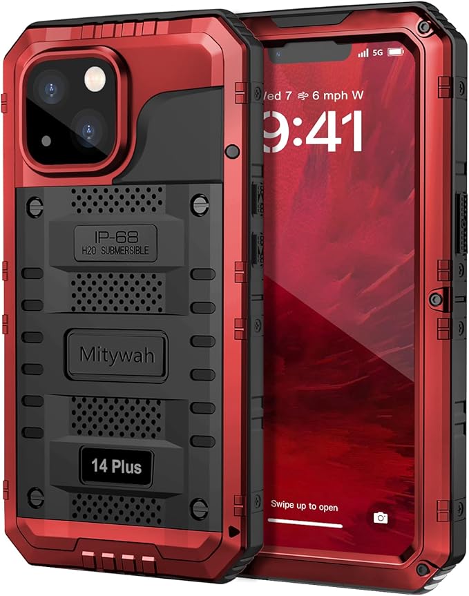Mitywah Waterproof Case for iPhone 14 Plus, Heavy Duty Shockproof Case with Built-in Screen Protector, Full Body Underwater Protective Metal Case 6.7 inch, Red
