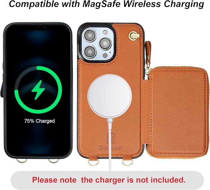 Bocasal for MagSafe Crossbody Wallet Case Compatible with iPhone 14 Pro Max, RFID Blocking Protective Purse Case with Card Slots Holder Kickstand Wrist Strap Lanyard Zipper 6.7 Inch 5G (Brown)