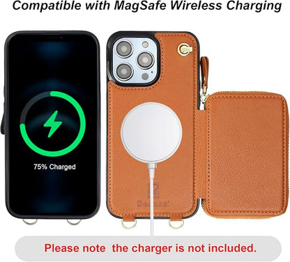 Bocasal for MagSafe Crossbody Wallet Case Compatible with iPhone 14 Pro Max, RFID Blocking Protective Purse Case with Card Slots Holder Kickstand Wrist Strap Lanyard Zipper 6.7 Inch 5G (Brown)