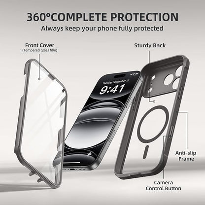 BERFY for iPhone 17 Pro Case, Compatible with MagSafe, Built-in Glass Screen Protector, Camera Protection, Shockproof Full Body Phone case 6.3", Clear Grey
