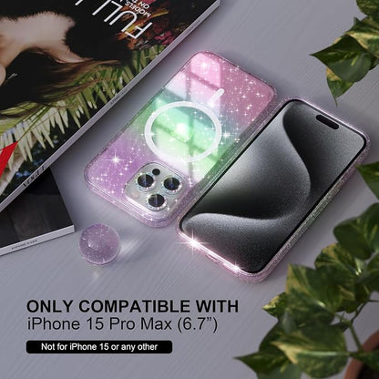 Choiche for iPhone 15 Pro Max Case Magnetic, Women Clear Glitter Bling Sparkly Case, [3xDiamond Camera Lens Protectors] [2xTempered Glass Screen Protectors] [Compatible MagSafe] (Glitter Colorful)