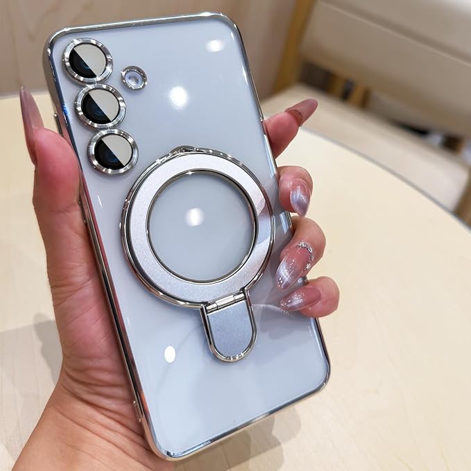 Magnetic Ring Case for Samsung Galaxy S25 Plus Case Kickstand Compatible with MagSafe Built-in Camera Lens Protector Shockproof Phone Case for Samsung S25Plus - Silver