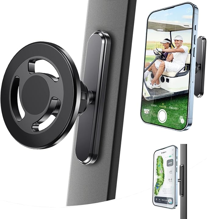 Magnetic Golf Cart Phone Holder, Alloy Phone Mount, Compatible with MagSafe iPhones Series and All Non-Magnetic Phones Fits Gym, Club Car, Golf Cart, Essentials Gift for Man and Woman(Black)
