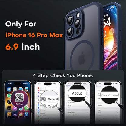 TOCOL Magnetic for 16 pro max Phone case, Upgraded Full Camera Protection, Compatible with Magsafe, 16FT Drop Protection, Translucent Matte Back Bumper Cover for 6.9-Inch（Dark Blue）