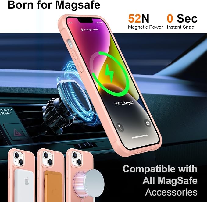 360° Magnetic Swivel Ring for iPhone 14 case, Built-in Metal Stand and Ring Holder, Magsafe Compatible, Military Grade Protection, Shock and Vibration Resistant - Pink