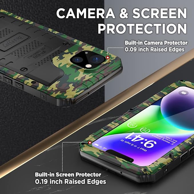 Beasyjoy for iPhone 14 Case Waterproof, Metal Heavy Duty Full Body Protective Case with Built-in Screen Protector, Military Grade Shockproof Dustproof Defender Rugged Cover 6.1 Inch, Camo