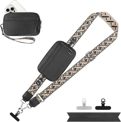 YFWE Clip and Go Strap for Phone with Wallet Crossbody, Adjustable Phone Lanyard with Detachable RFID Wristlet Wallet, Pattern Strap - Black (L)