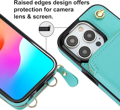 Bocasal Crossbody Wallet Case for iPhone 15 Pro, RFID Blocking Leather Purse Case with Card Holder, Protective Handbag Flip Cover with Zipper Wrist Strap Lanyard for Women 5G 6.1 Inch (Mint Green)