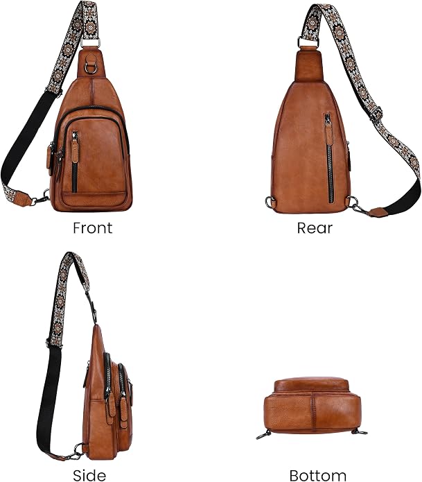 HESHE Leather Sling Bag for Women Crossbody Bags with Multi-Pocket Stylish Fanny Packs for Travel Chest Bag