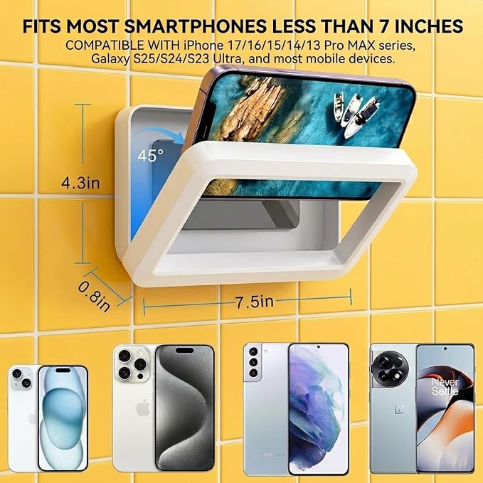 Shower Phone Holder Waterproof, 360° Adjustable Anti-Fog Case, Wall Mount for All Smartphones Up to 7 Inches
