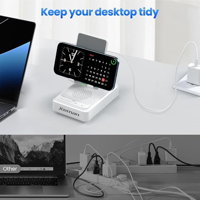 Jteman Cell Phone Stand with Bluetooth Speaker and Wireless Charger,Desktop Charging Station Stand Speaker for iPhone,Christmas Birthday Gift for Men Women (White)