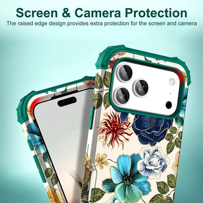 Hocase for iPhone 17 Pro Max Case, Heavy Duty Shockproof Protection Soft Silicone Rubber+Hard Plastic Bumpers Hybrid Protective Case for iPhone 17 Pro Max 2025 - Teal Flowers