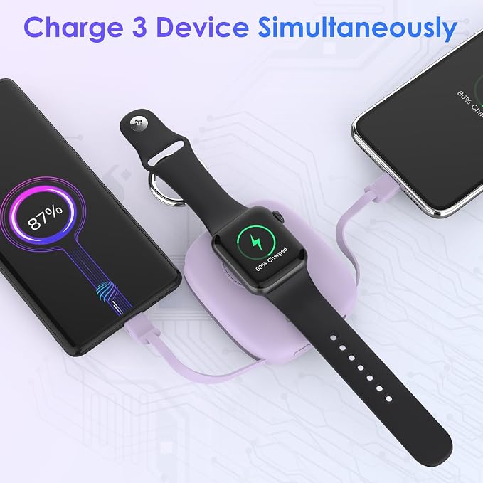 Small Portable Charger 5000mAh,iWatch Wireless Charger Mini Power Bank with Built-in Cable,Travel Keychain Charger for Apple Watch 11/10/9/8/Ultra/7/6/Se/5/4,iPhone 17/16/15/14/13/12,Android Phone