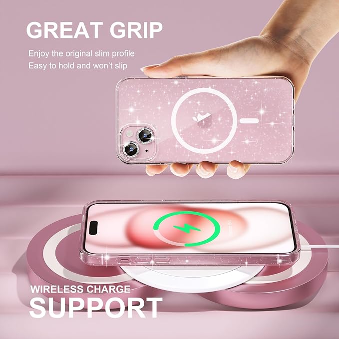 Choiche Compatible for iPhone 15 Case Magnetic, Women Clear Glitter Bling Sparkly Case, [2xDiamond Camera Lens Protectors] [2xTempered Glass Screen Protectors] [Compatible MagSafe] (Glitter Clear)