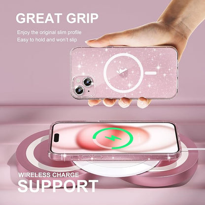 Choiche Compatible for iPhone 15 Case Magnetic, Women Clear Glitter Bling Sparkly Case, [2xDiamond Camera Lens Protectors] [2xTempered Glass Screen Protectors] [Compatible MagSafe] (Glitter Clear)
