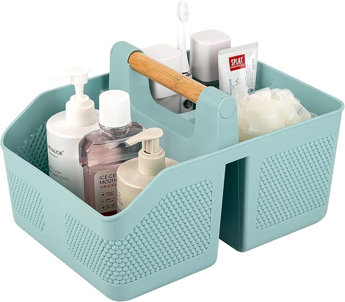 rejomiik Shower Caddy Portable with Bamboo Handle, Plastic Basket Cleaning Caddy Organizer Storage Tote for Bathroom, College, Dorm Room Essentials, Blue