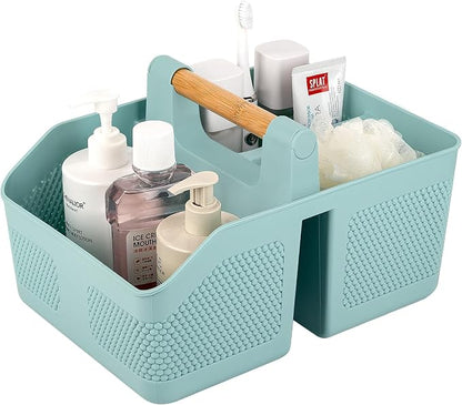 rejomiik Shower Caddy Portable with Bamboo Handle, Plastic Basket Cleaning Caddy Organizer Storage Tote for Bathroom, College, Dorm Room Essentials, Blue