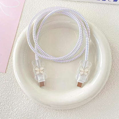 DIY Charger Cover Compatible with Apple 40W Dynamic Power Adapter, Crystal Wave Soft TPU Charger Case+Exquisite Laser Cable Protector for iPhone 17 Pro, White Butterfly with Silver Trim (5in1)