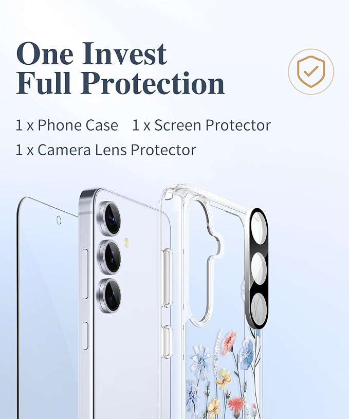 GVIEWIN for Samsung Galaxy S25 Plus Case, Clear Floral Slim Shockproof Protective Women Phone Case, Non-Yellowing, with Screen Protector & Camera Lens Protector for S25 Plus 6.7", Aconite/Light Blue | Non Yellowing, Clear, Floral, Hard