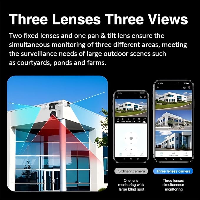 EVERSECU Triple Lens WiFi PTZ Security Camera, Three Cameras in One, Side Cameras with Adjustable All-Angle Arm, 2K 360° View No Blind Spot, Auto Tracking, Spotlight, 2 Way Audio