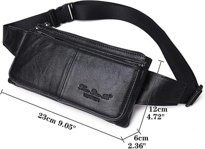 KPYWZER Vintage Leather Fanny Pack Waist Bag for Men Women Outdoor Travel Hunting Hiking Camping Hip Bum Belt Cell Phone Purse Wallet Pouch Retro Crossbody Sling Pouch Black