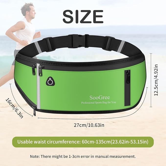SooGree Slim Running Belt Fanny Pack, Resistant Waist Pack Money Belt Bag for Hiking Cycling Workout, Gym Phone Holder with Adjustable Strap (Green)
