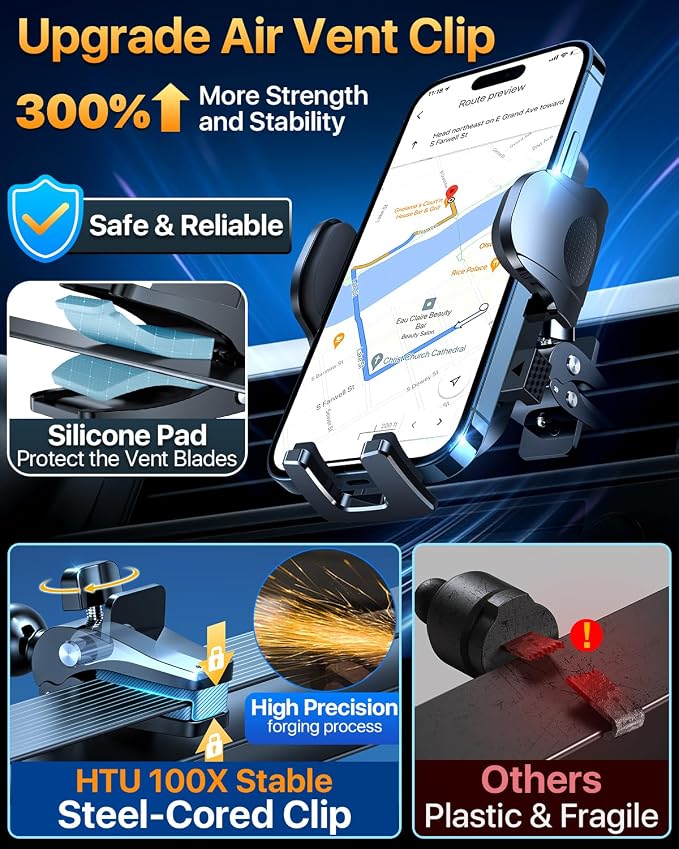 HTU 2026 Upgraded [True Military-Grade] Car Phone Holder【Safety Certs & No Smell】 Cell Phone Holder for Car Mount for Dashboard Windshield Air Vent Long Arm Thick Case,Red