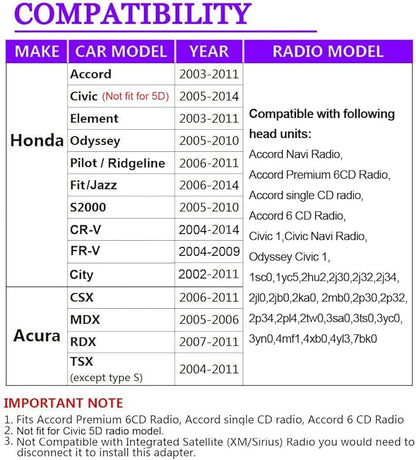 Bluetooth Car Kit, 3 in 1 Car Audio Input Adapter with AUX USB Bluetooth for Honda Accord Civic CRV Odyssey Fit Pilot Element Ridgeline Acura MDX TSX CSX