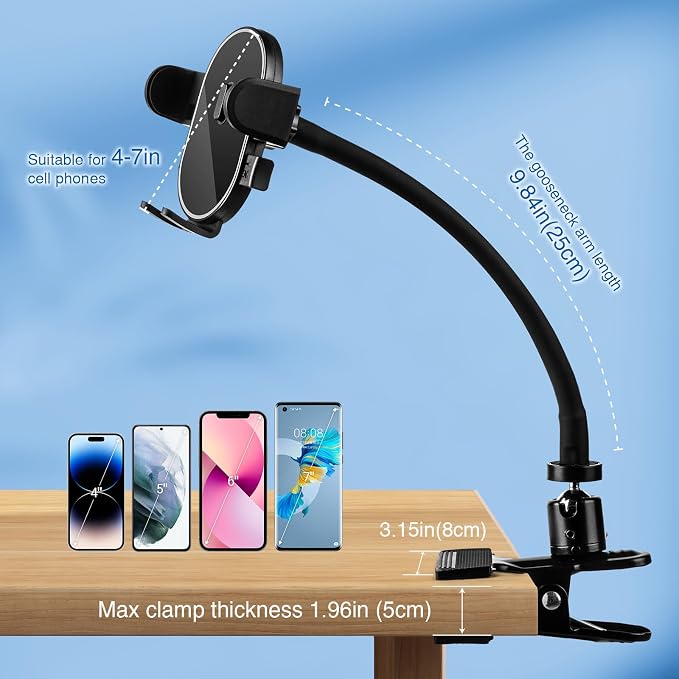 ROCKFREE Clip Phone Holder with 360° Gooseneck Arm & Auto-Locking Clamp,Short/Medium/Long Arm Options for Desk, Mic Stand, Table,Treadmill – Fits 4-7" Smartphones(Long-9.84 inch Arm)