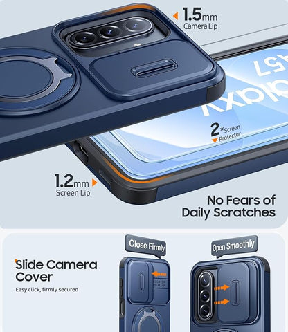 JAME for Samsung Galaxy A57 5G Case, Ring Holder Stand Kickstand, Slide Camera Cover, 2 Screen Protectors, Dual-Layer Shockproof Protective, Magnetic Accessory Friendly Galaxy A57 Phone Case, Blue