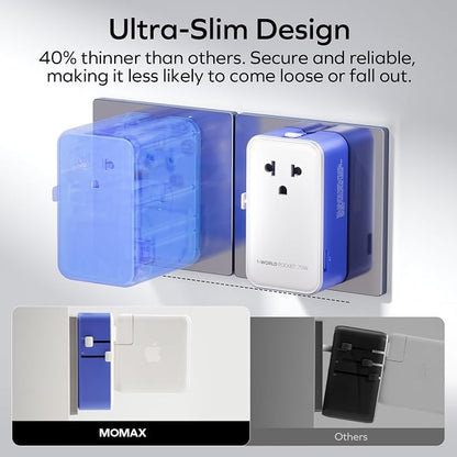 (2026 NEW) MOMAX Universal Travel Adapter, Ultra-Thin 70W GaN International Plug Adapter with 3 USB-C, 1 USB-A and AC Outlet, Works in 200+ Countries, Not a Voltage Converter, for International Travel