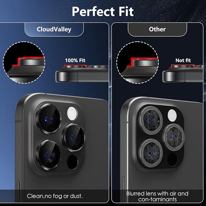 CloudValley for iPhone 16 Pro/iPhone 16 Pro Max Camera Lens Protector, [AR+AF 99% Transmittance] [Full Coverage] Ultra-HD Tempered Glass Cover, Metal Lens Screen Protective,Black Titanium