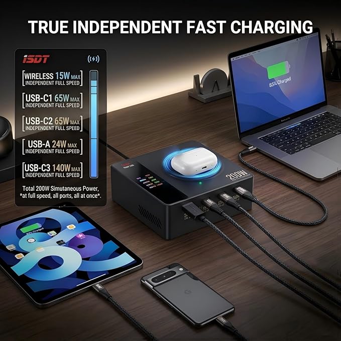 ISDT Power200X 200W Desktop Charging Station for Multiple Devices, 5-in-1 USB C Charger with 140W PD 3.1, Wireless Charging Pad for Laptop, Tablet, Phone & Earbuds with Display