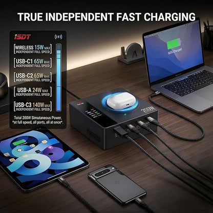 ISDT Power200X 200W Desktop Charging Station for Multiple Devices, 5-in-1 USB C Charger with 140W PD 3.1, Wireless Charging Pad for Laptop, Tablet, Phone & Earbuds with Display