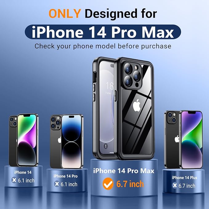 Temdan Magnetic for iPhone 14 Pro Max Case Waterproof, Built-in Screen Protector[IP68 Underwater][Compatible with MagSafe][Military Dropproof] Protective Case for iPhone 14 Pro Max-Black/Clear