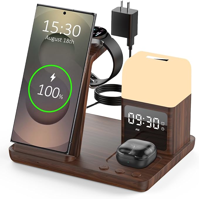 Wireless Charger for Samsung/Android Charging Station, 6 in 1 Fast Watch Charger with Alarm Clock-Night Light, Compatible for Galaxy S25 Ultra/S24, Only for Samsung Watch8/7, Galaxy Buds3 Pro(Walnut)