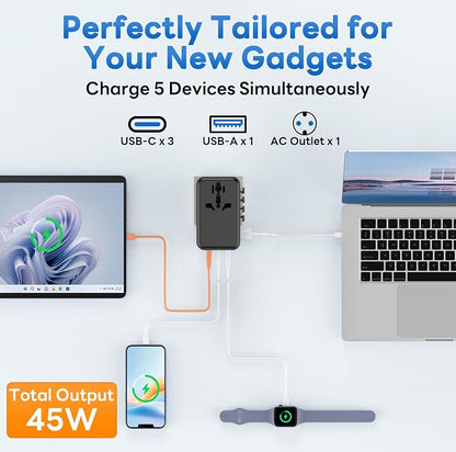 Universal Travel Adapter, 45W International Power Adaptor Type D/G/C/I/A | Fuse Auto-Resetting, GaN Fast Charging, All in One Plug Adapter, Portable Travel Essentials