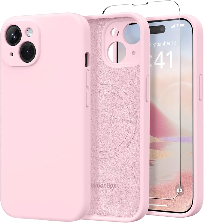 Magnetic for iPhone 15 Plus Case, Compatible with MagSafe, [Full Camera Protection][Screen Protector] Silicone Shockproof Protective Phone Case for iPhone 15 Plus 6.7", Chalk Pink