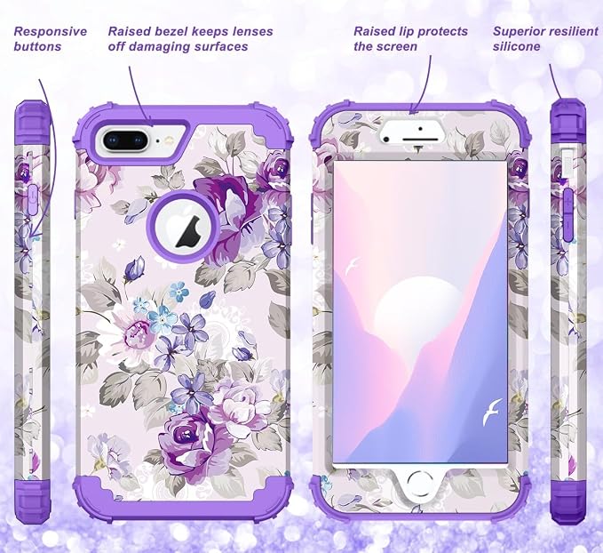 Hocase Heavy Duty Shockproof Protection Hard Plastic+Silicone Rubber Hybrid Protective Case for iPhone 7 Plus/iPhone 8 Plus - Lavender Flowers