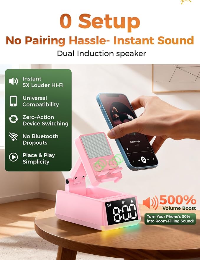 Bluetooth Speaker Birthday Gift for Women:Induction Cell Phone Stand HD Sound Easter Basket Stuffers For Teens Girls,Anti-Slip Phone Holder Kitchen Gadget Women Mom Wife Girlfriend Galentines(Pink)