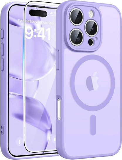 FNTCASE for iPhone 16 Pro Case: [Compatible with Magsafe] Translucent Matte Cases with [Full Camera Protection] [Screen Protector] Military Grade Shockproof Protective Phone Cover - Light Purple