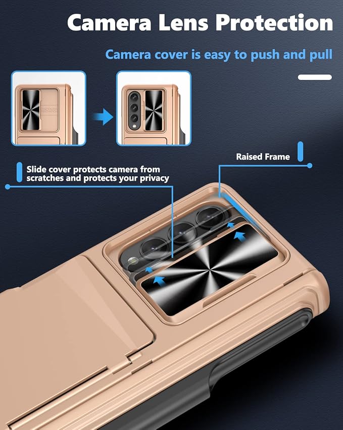 Viaotaily for Galaxy Z Fold 4 Case with Card Holder & S Pen Holder & Hinge Protection, Built-in Screen Protector & Slide Camera Lens Cover, Durable Case for Galaxy Z Fold 4 2022 (Rose Gold)