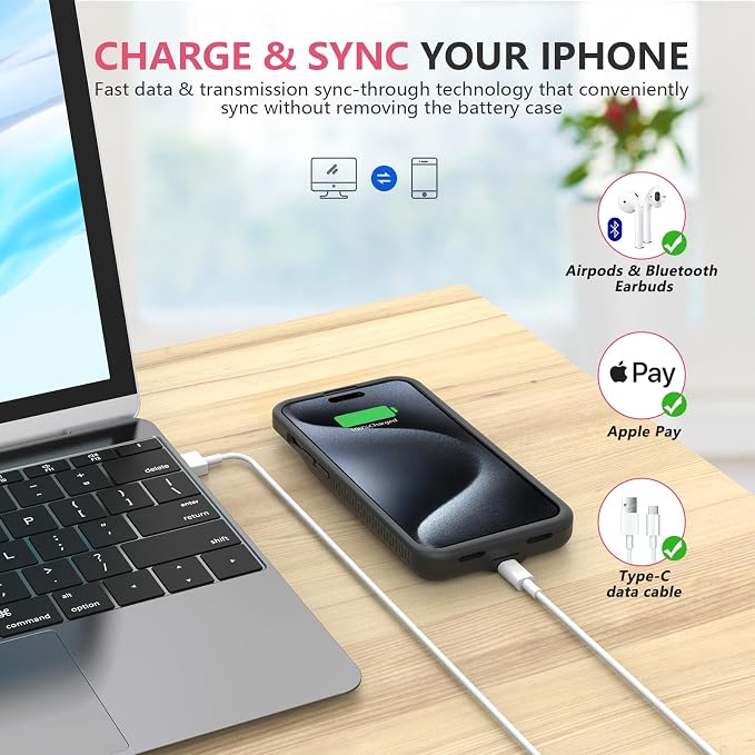 BOPPS Battery Case for iPhone 15/15 Pro, Ultra-Slim 15W Fast Lightweight Powerful 7000mAh Charger Case Protection Anti-Slip Soft TPU Charging Case for iPhone 15,15 Pro 6.1'',Black